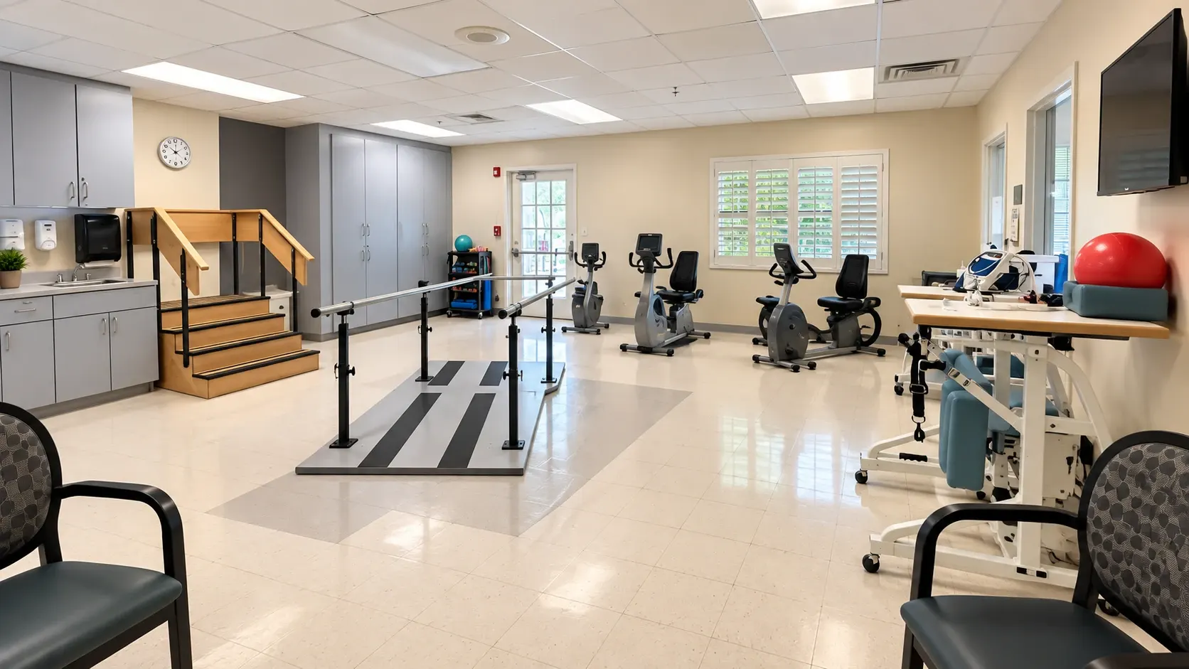 The therapy gym at Vivo Healthcare Harbourwood, with parallel bars, training stairs and exercise bikes